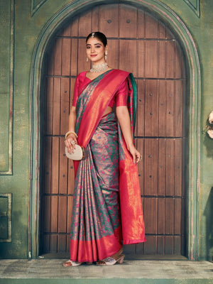 Rajwada Teal Green Silk Blend Woven Saree For Women