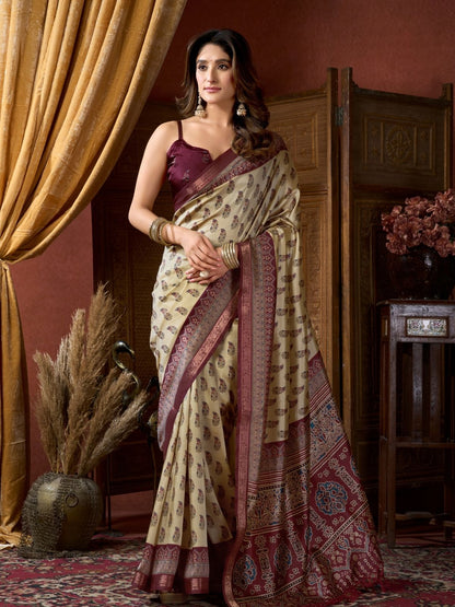 Rajwada Off White Silk Blend Printed Saree For Women