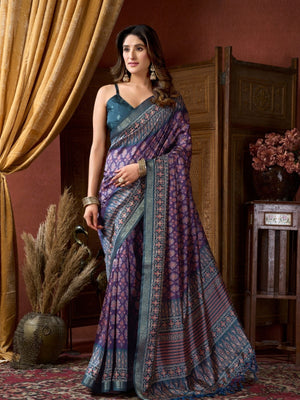 Rajwada Violet Silk Blend Printed Saree For Women
