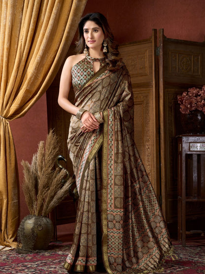 Rajwada Olive Green Cotton Blend Printed Saree For Women