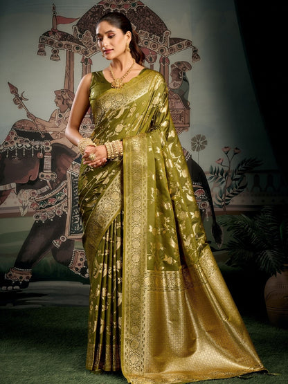 Rajwada Olive Silk Blend Woven Saree For Women