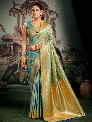Rajwada Sky Blue Silk Blend Woven Saree For Women