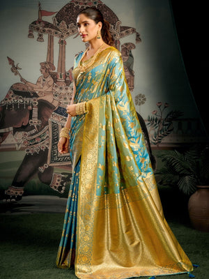 Rajwada Sky Blue Silk Blend Woven Saree For Women