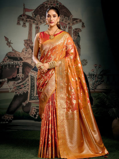 Rajwada Orange Silk Blend Woven Saree For Women
