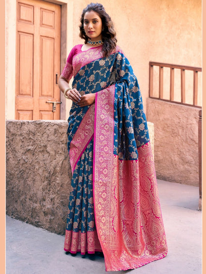 Rajwada Navy Blue Silk Blend Woven Saree For Women