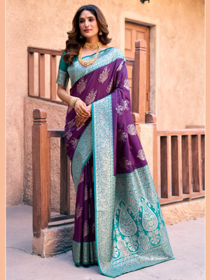 Rajwada Wine and Teal Blue Silk Blend Woven Saree For Women