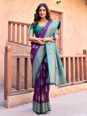 Rajwada Wine and Teal Blue Silk Blend Woven Saree For Women