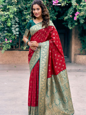 Rajwada Red and Green Silk Blend Woven Saree For Women