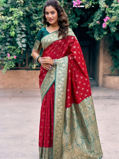 Rajwada Red and Green Silk Blend Woven Saree For Women