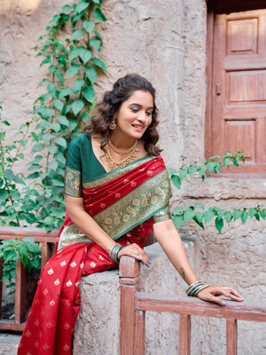 Rajwada Red and Green Silk Blend Woven Saree For Women