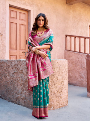 Rajwada Teal Green and Magenta Silk Blend Woven Saree For Women