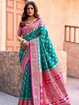 Rajwada Teal Green and Magenta Silk Blend Woven Saree For Women