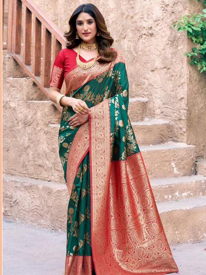 Rajwada Green and Red Silk Blend Woven Saree For Women