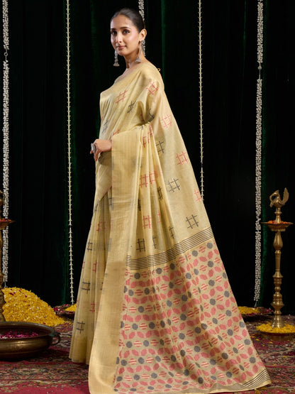 Rajwada Light Yelllow Cotton Blend Woven Saree For Women