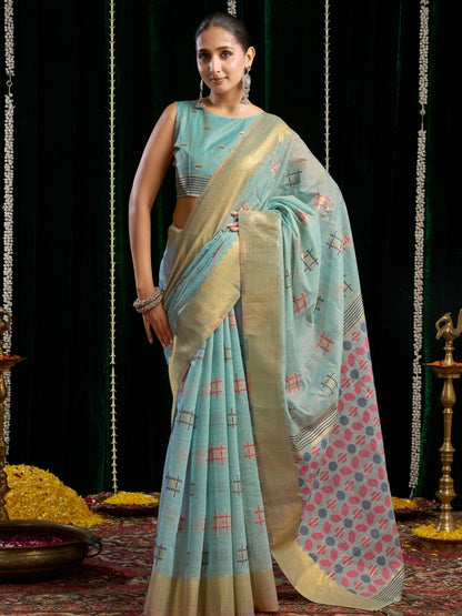 Rajwada Light Blue Cotton Blend Woven Saree For Women