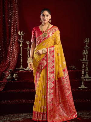 Rajwada Yellow and Red Silk Blend Woven Saree For Women