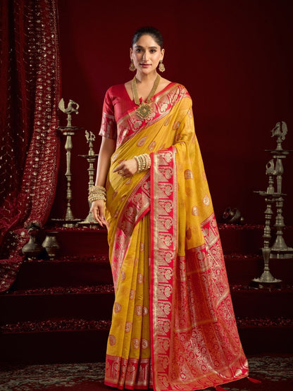 Rajwada Yellow and Red Silk Blend Woven Saree For Women