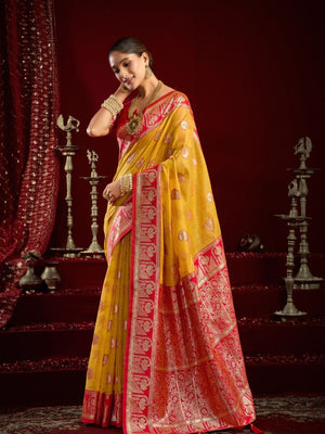Rajwada Yellow and Red Silk Blend Woven Saree For Women