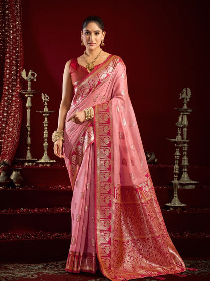 Rajwada Light Pink Silk Blend Woven Saree For Women