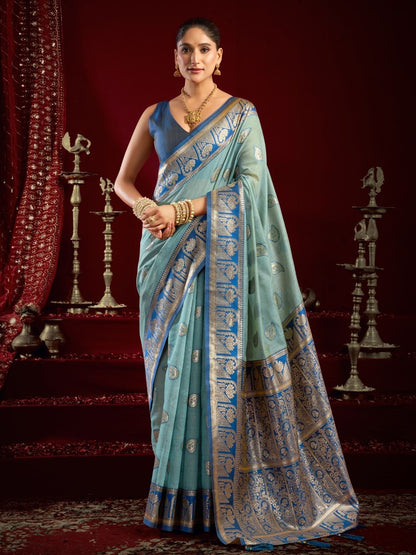 Rajwada Pastel Blue Silk Blend Woven Saree For Women
