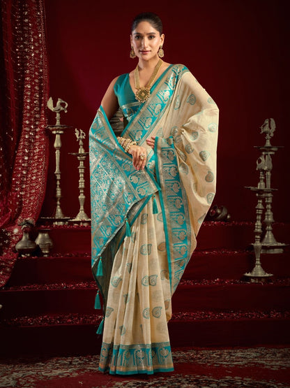 Rajwada Beige Silk Blend Woven Saree For Women