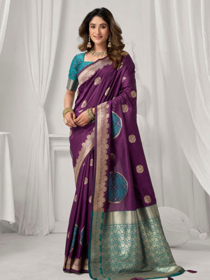 Rajwada Teal Blue and Wine Silk Blend Woven Saree For Women