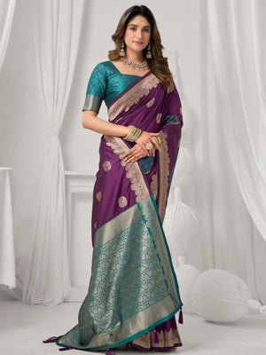 Rajwada Teal Blue and Wine Silk Blend Woven Saree For Women