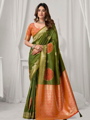 Rajwada Teal Green and Orange Silk Blend Woven Saree For Women