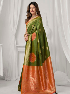 Rajwada Teal Green and Orange Silk Blend Woven Saree For Women