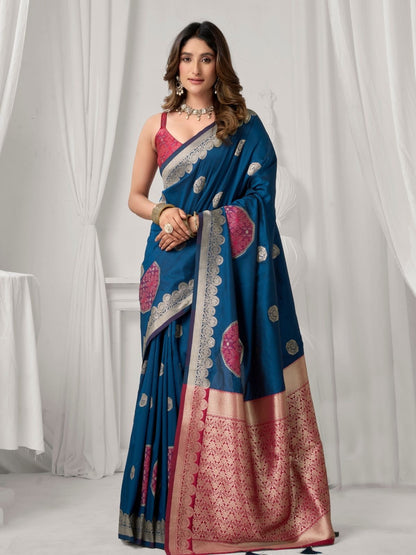 Rajwada Navy Blue and Pink Silk Blend Woven Saree For Women