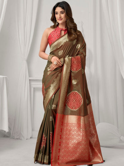 Rajwada Olive Brown and Red Silk Blend Woven Saree For Women