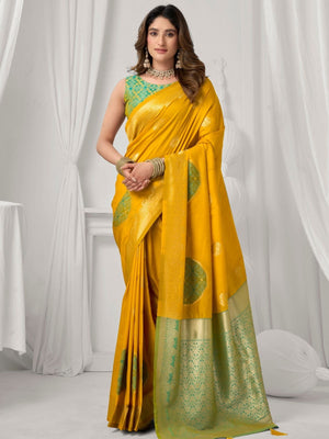 Rajwada Yellow and Green Silk Blend Woven Saree For Women