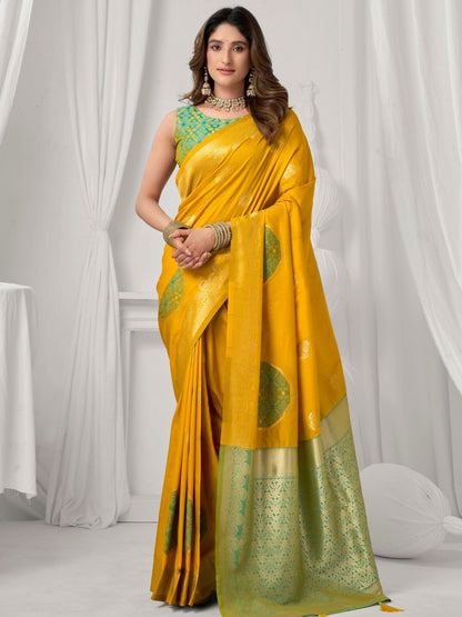 Rajwada Yellow and Green Silk Blend Woven Saree For Women