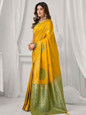 Rajwada Yellow and Green Silk Blend Woven Saree For Women