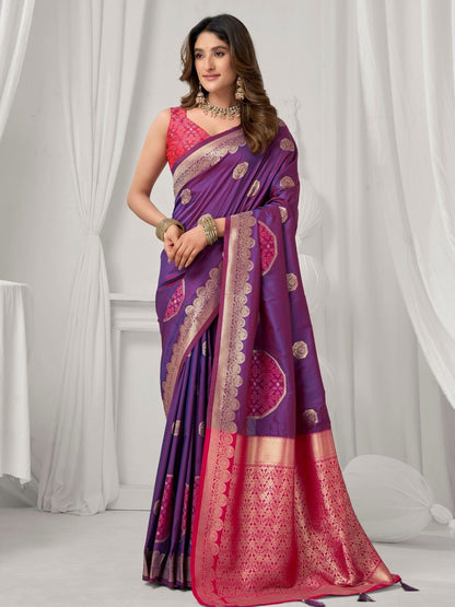 Rajwada Purple and Pink Silk Blend Printed Saree For Women