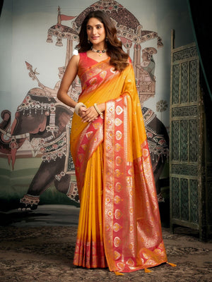 Rajwada Yellow Silk Blend Woven Saree For Women
