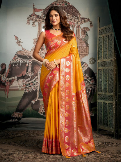 Rajwada Yellow Silk Blend Woven Saree For Women