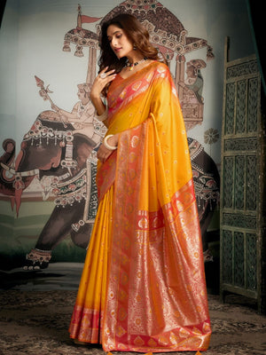 Rajwada Yellow Silk Blend Woven Saree For Women