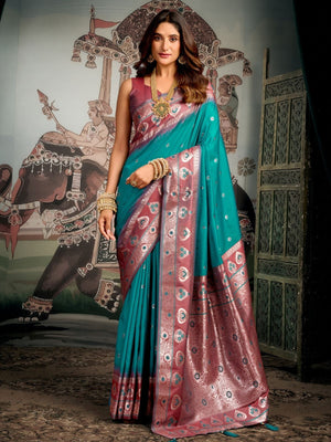 Rajwada Teal Green Silk Blend Woven Saree For Women
