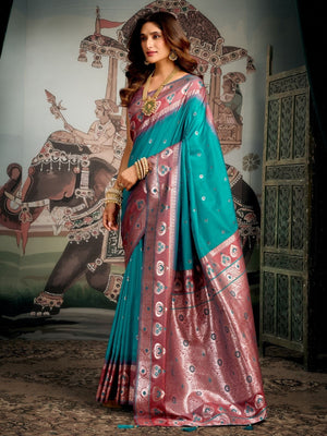 Rajwada Teal Green Silk Blend Woven Saree For Women