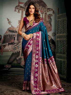 Rajwada Teal Blue Silk Blend Woven Saree For Women