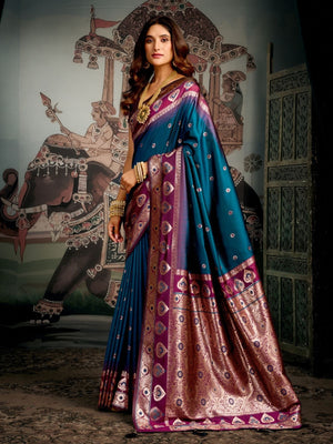 Rajwada Teal Blue Silk Blend Woven Saree For Women