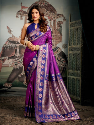 Rajwada Purple Silk Blend Woven Saree For Women