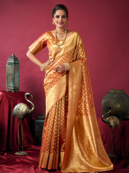 Rajwada Orange Silk Blend Woven Saree For Women