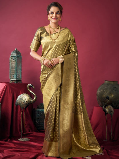 Rajwada Olive Silk Blend Woven Saree For Women