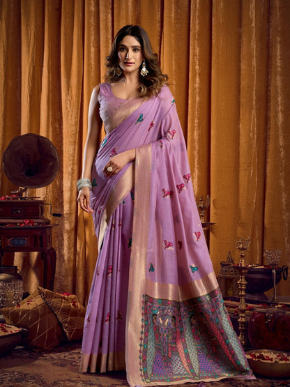 Rajwada Lavender Cotton Blend Woven Saree For Women
