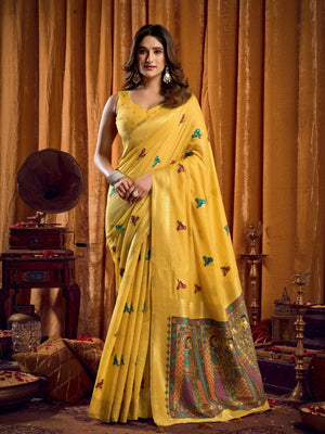 Rajwada Yellow Cotton Blend Woven Saree For Women