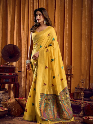 Rajwada Yellow Cotton Blend Woven Saree For Women