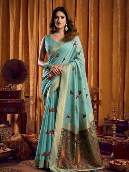 Rajwada Green Cotton Blend Woven Saree For Women
