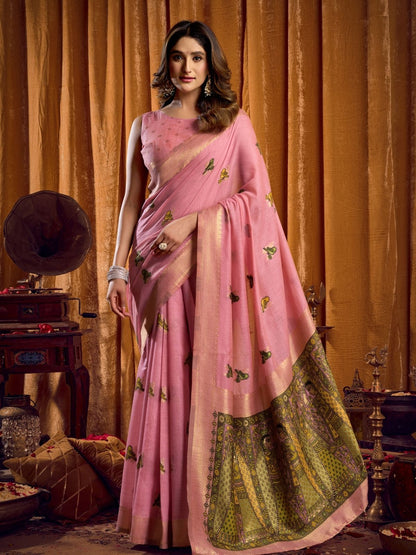 Rajwada Light Pink Cotton Blend Woven Saree For Women